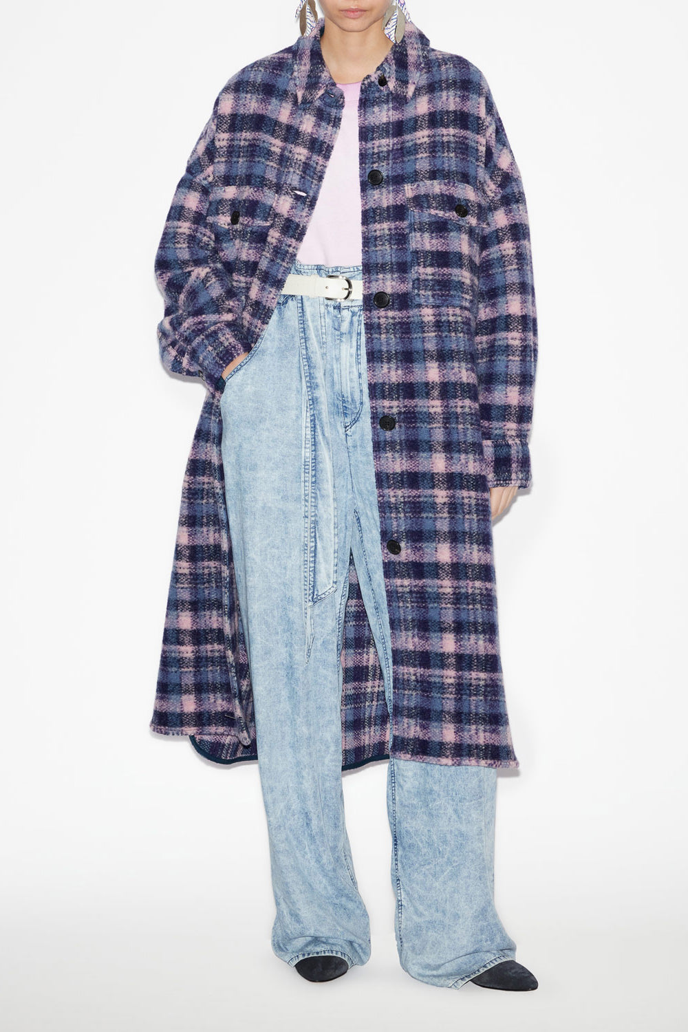 Manteau long fontizi en laine mélangée à carreaux - Lilas-marine - Woman - 2