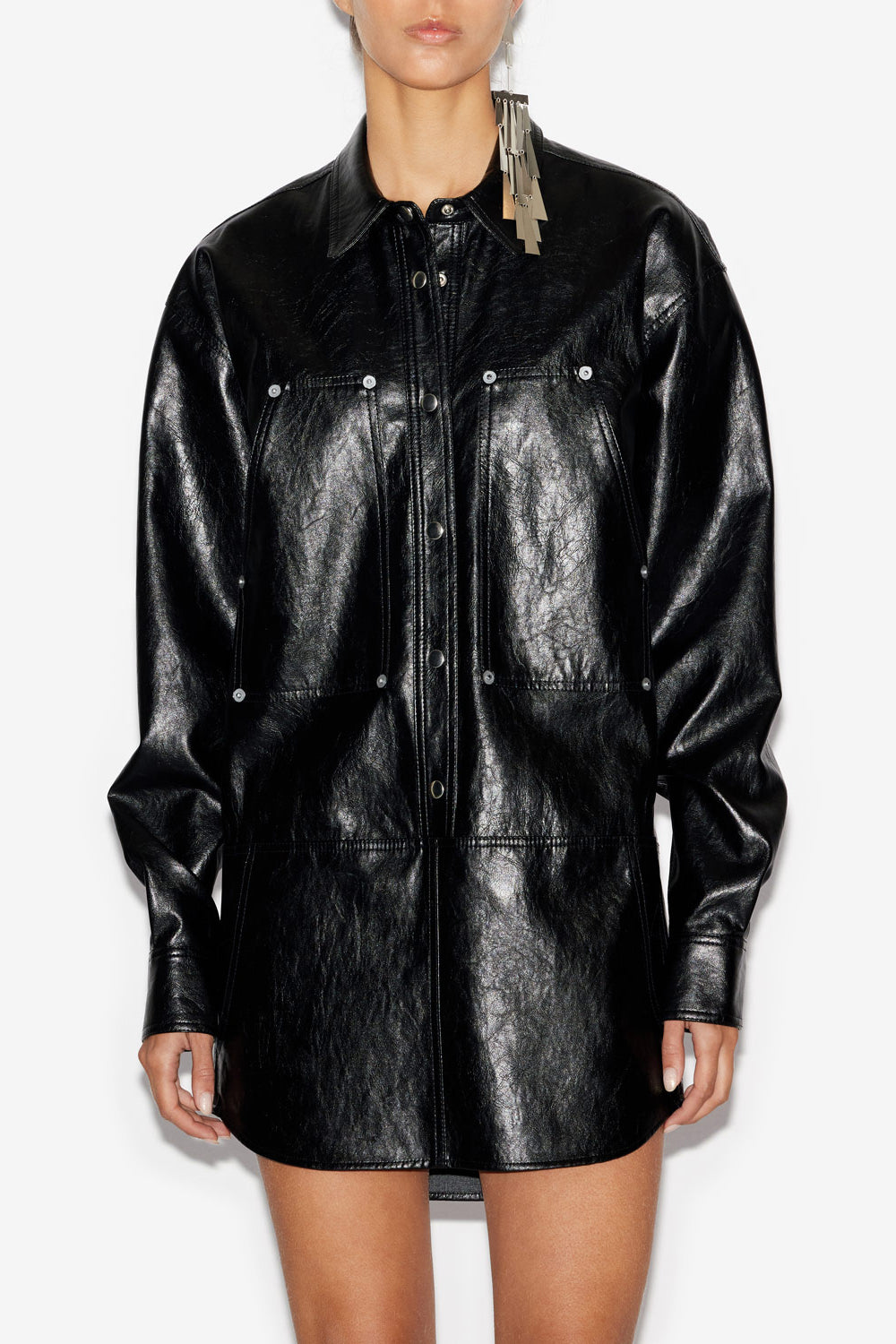 아얄리(ayali) 가죽 질감 미니 셔츠 드레스 - 검은색 - Woman - 4