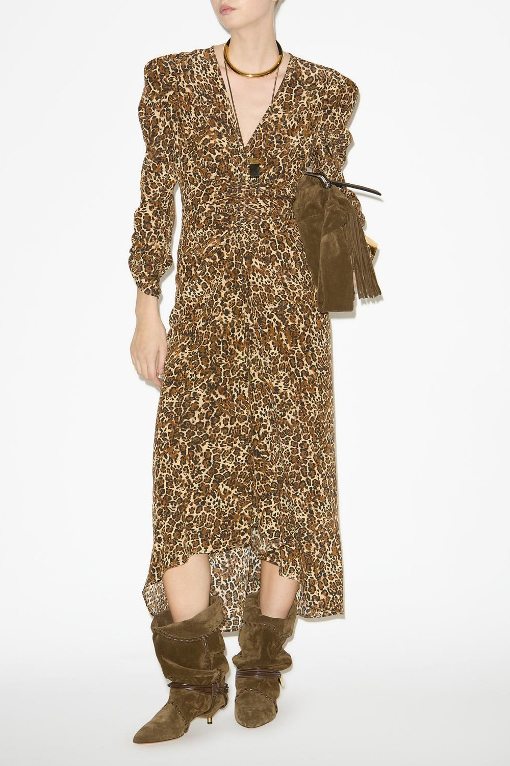 알비니(albini) 실크 멜란지 개더 주름 미디 기장 드레스 - Leopard - Woman - 2