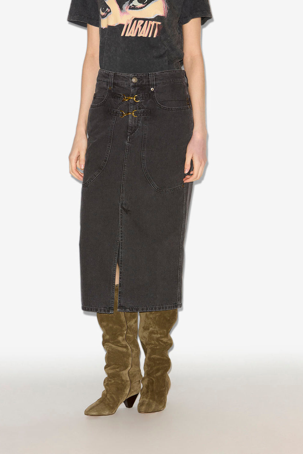Pavina denim skirt with snap hooks - Black - Woman - 4