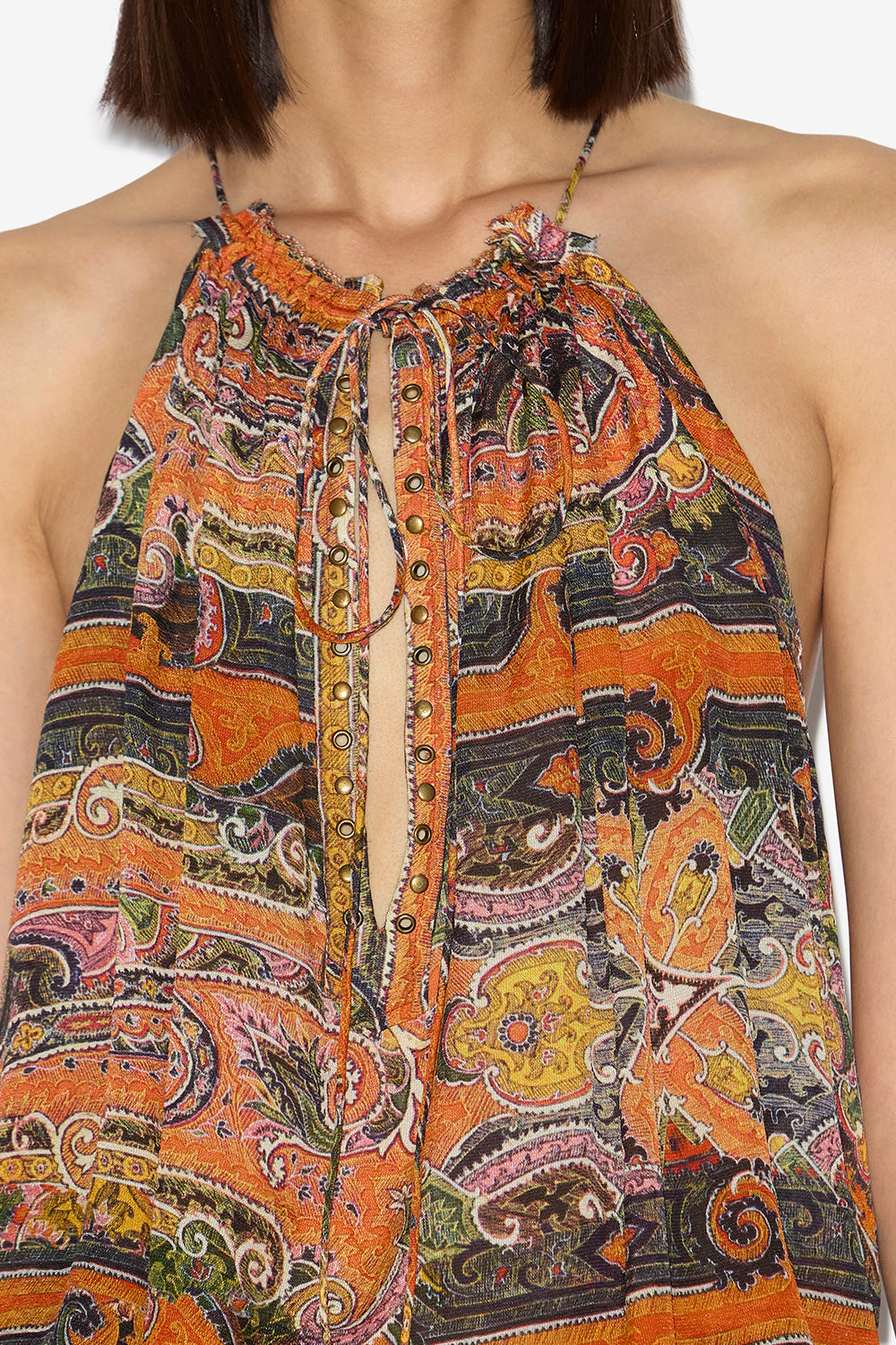 Top marilou de seda estampada con tachuelas y ojales - Naranja - Woman - 4