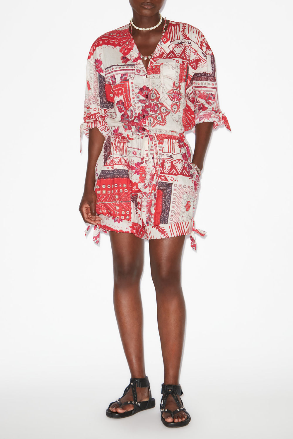 Tuta jumpsuit corta niely in voile di cotone con stampa - Red and ecru - Woman - 2