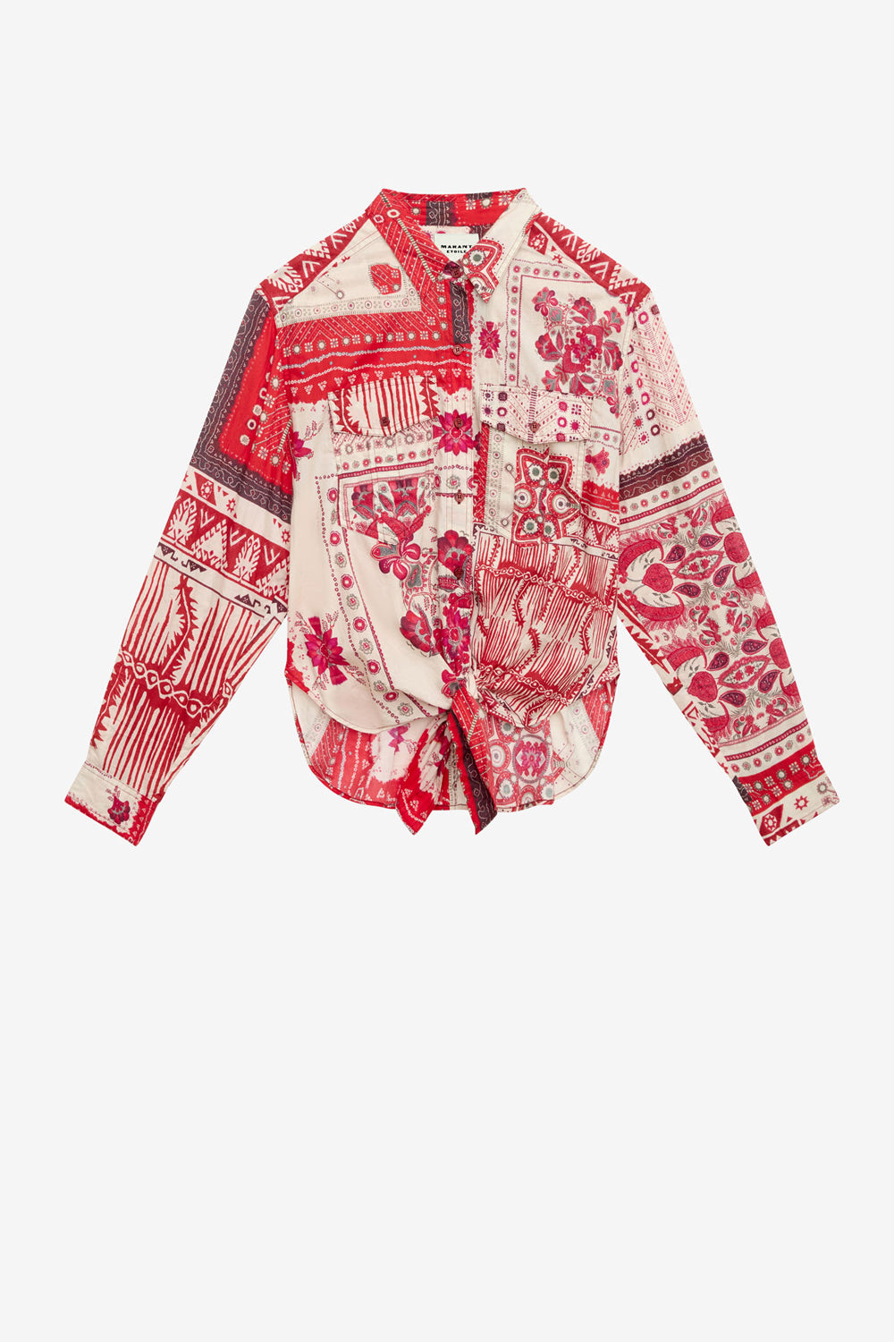 Nathy tied printed cotton voile shirt - Red and ecru - Woman - 1