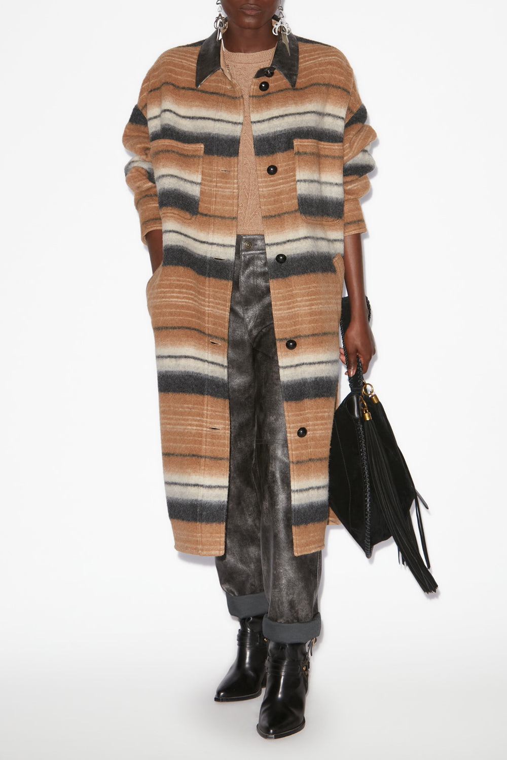 질라 스트라이프 울 소재의 오버셔츠 코트 - Camel - Woman - 2