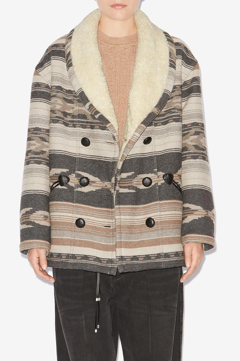 도카스 그래픽 패턴 울 코트 - 검정으로 씻어낸 - Woman - 4