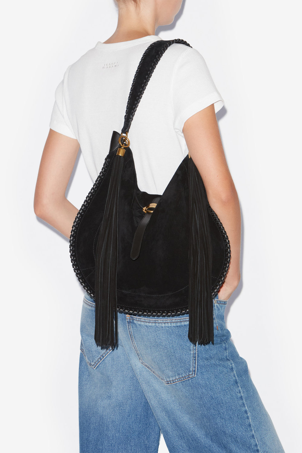 Borsa oskan hobo folk in pelle di vitello scamosciata intrecciata - Nero - Woman - 2