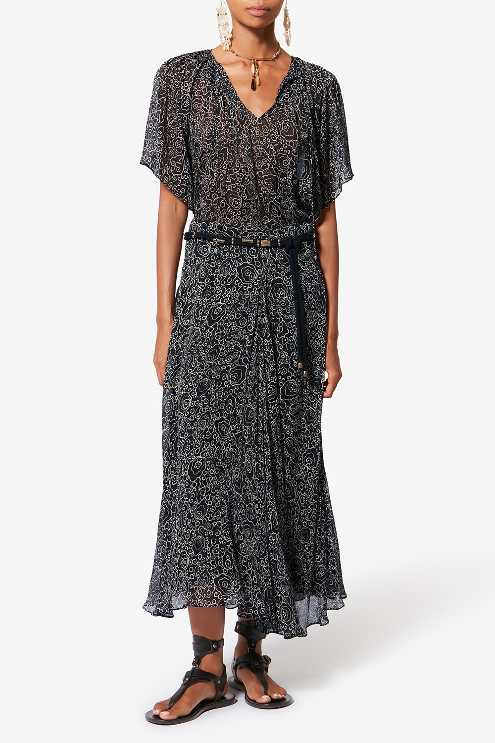 Neslya short-sleeve printed muslin blouse - Black and ecru - Woman - 2