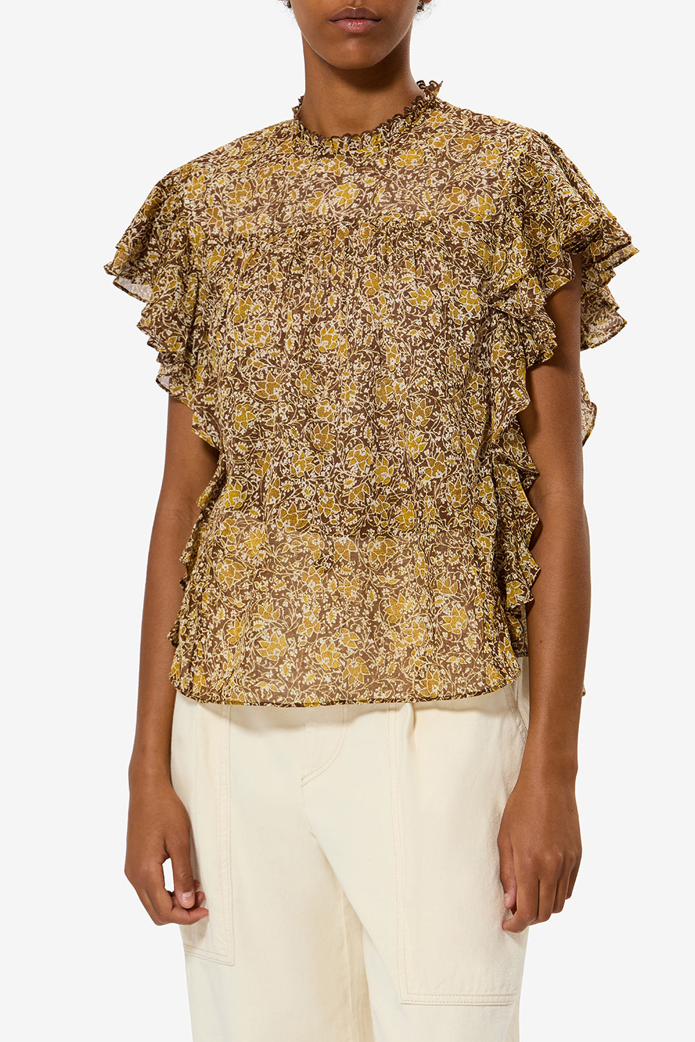 Dalyane frilly printed cotton voile top - Khaki - Woman - 4