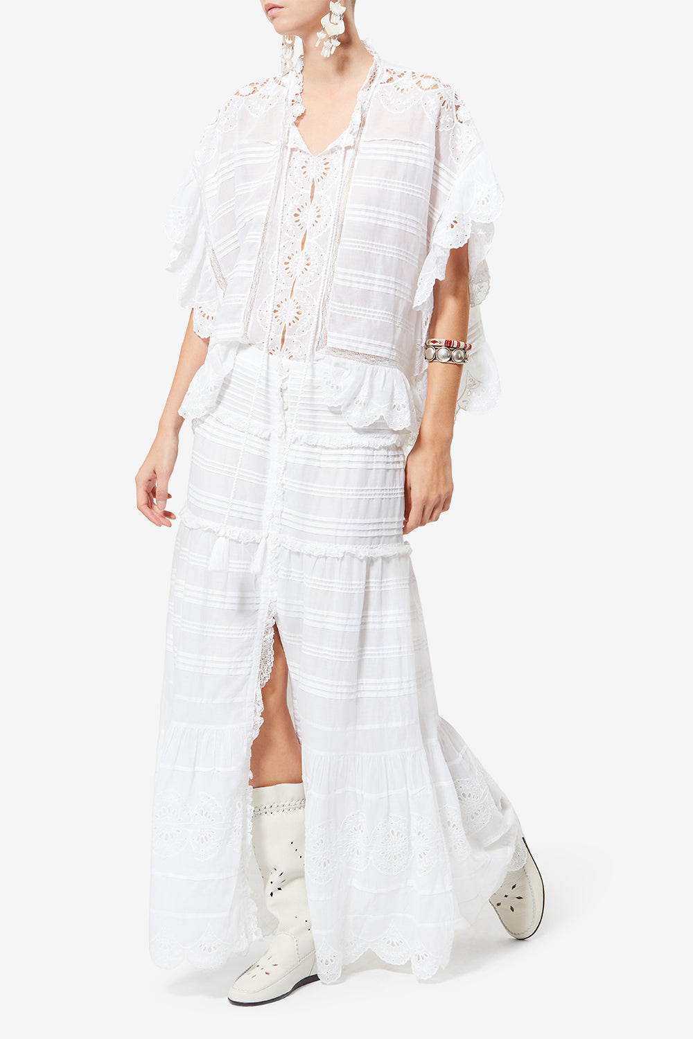 Paoline frilly cotton and floral lace skirt - White - Woman - 2