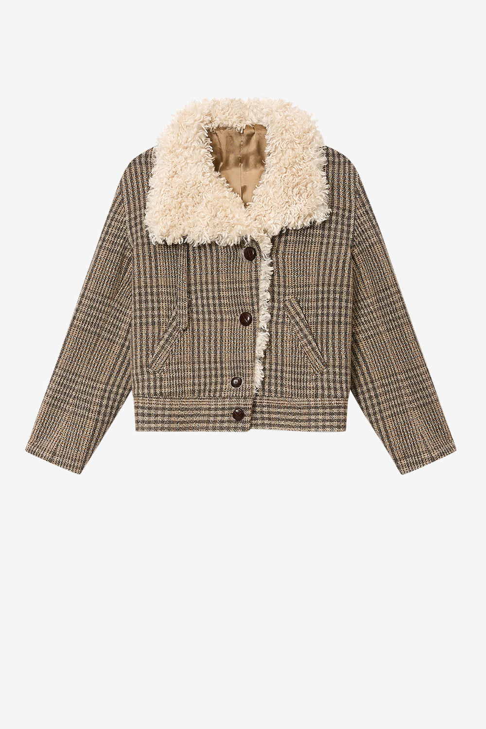 Fadia short prince-of-wales check virgin wool coat - Beige - Woman - 1