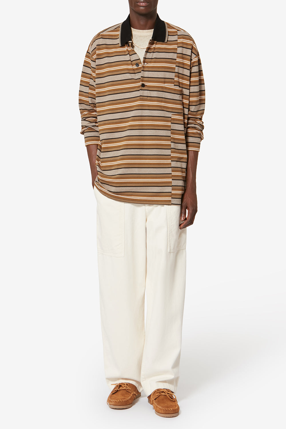 Polo a maniche lunghe sorel in piqué di cotone a righe - Beige-khaki - Man - 2