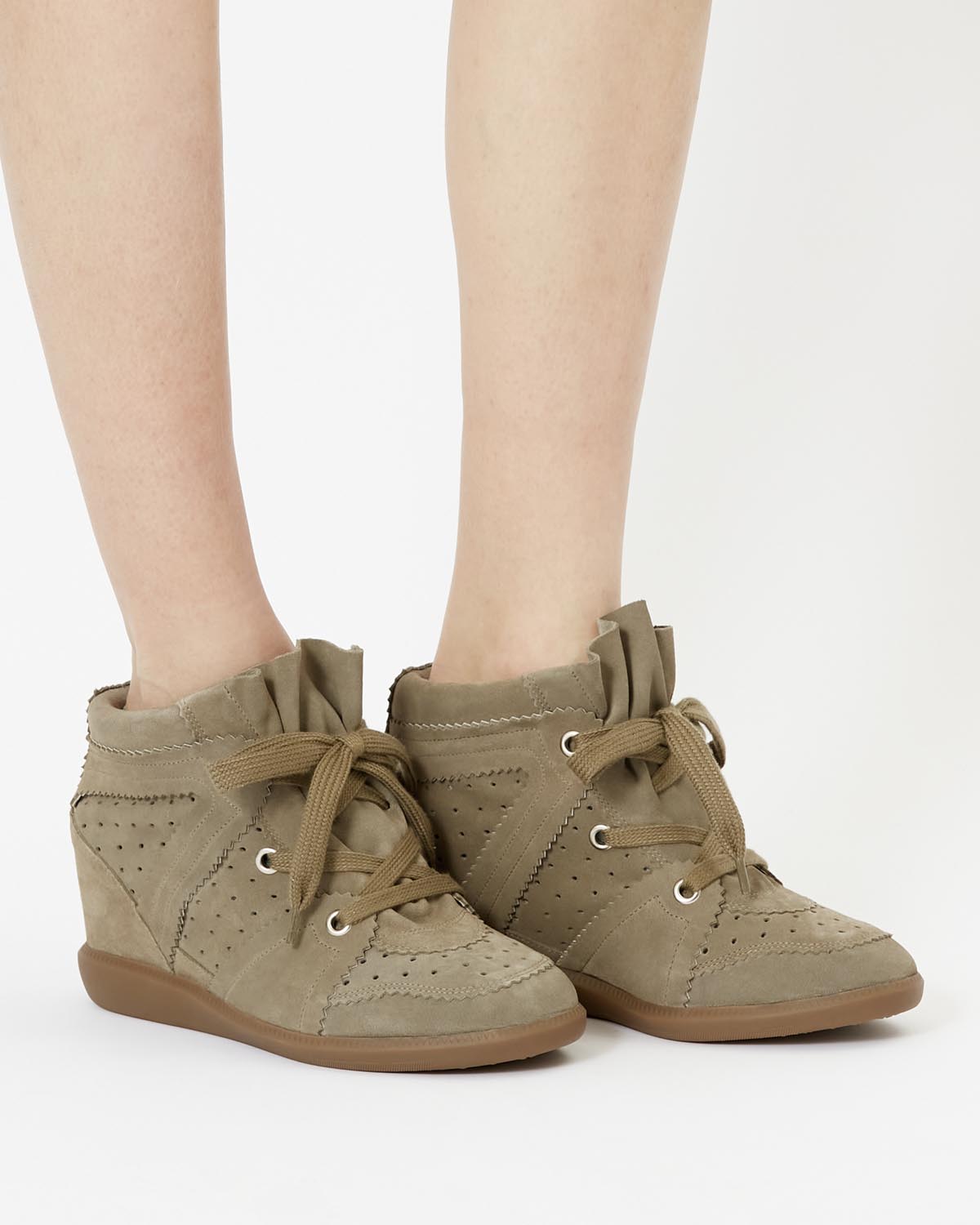 Zapatillas de piel de ante de becerro con cuña bobby - Taupe - Woman - 5