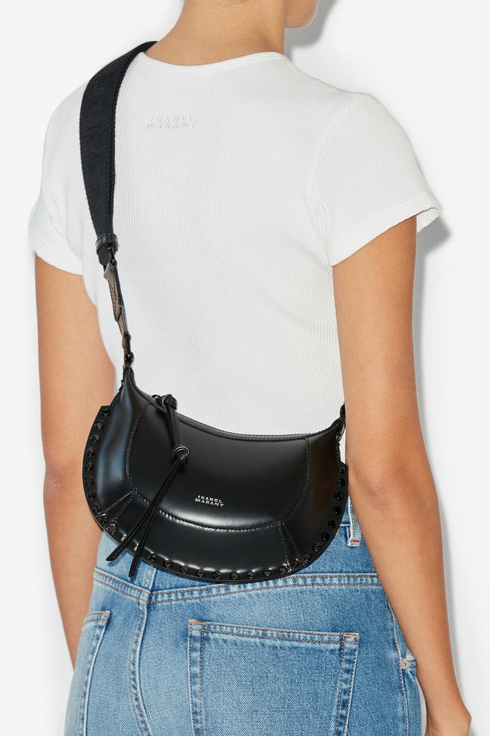 Mini moon grained leather shoulder baguette bag - Black-black - Woman - 2