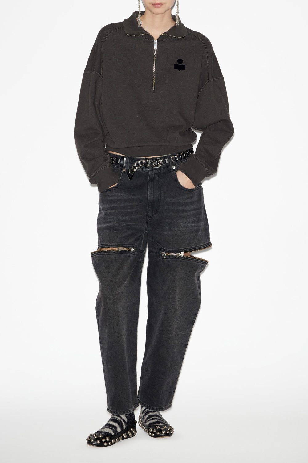 Sudadera corta ross de algodón con cuello alto - Negro lavado - Woman - 2