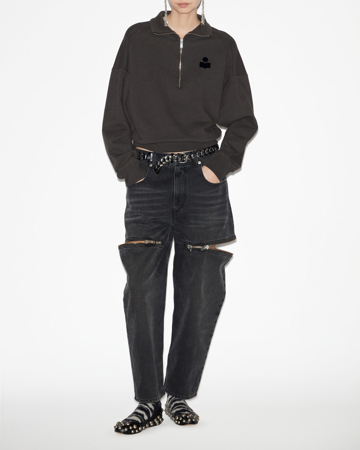 Sweatshirt ross court en coton à col montant - Noir délavé - Woman - 1
