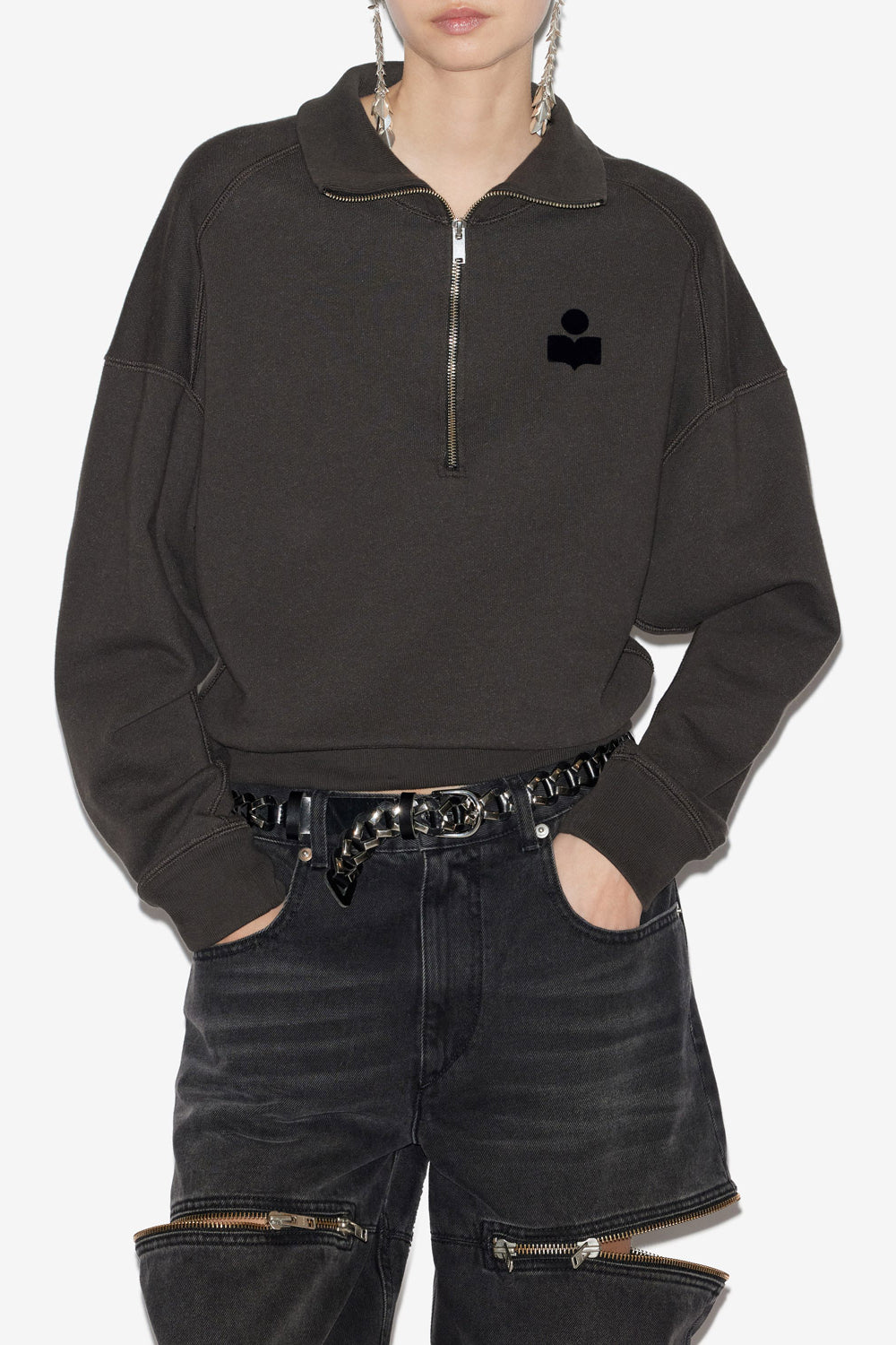 Sudadera corta ross de algodón con cuello alto - Negro lavado - Woman - 4