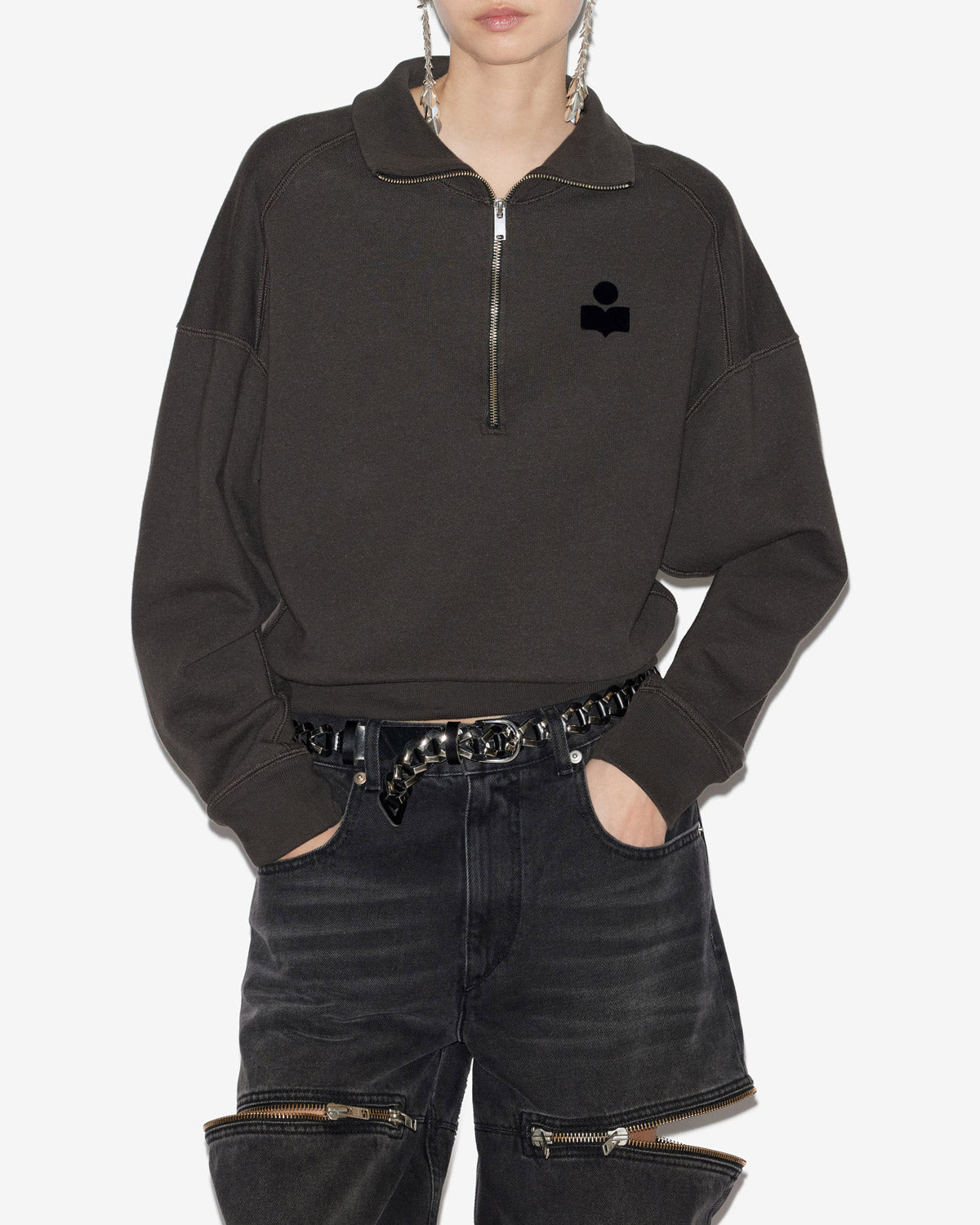 Sweatshirt ross court en coton à col montant - Noir délavé - Woman - 3