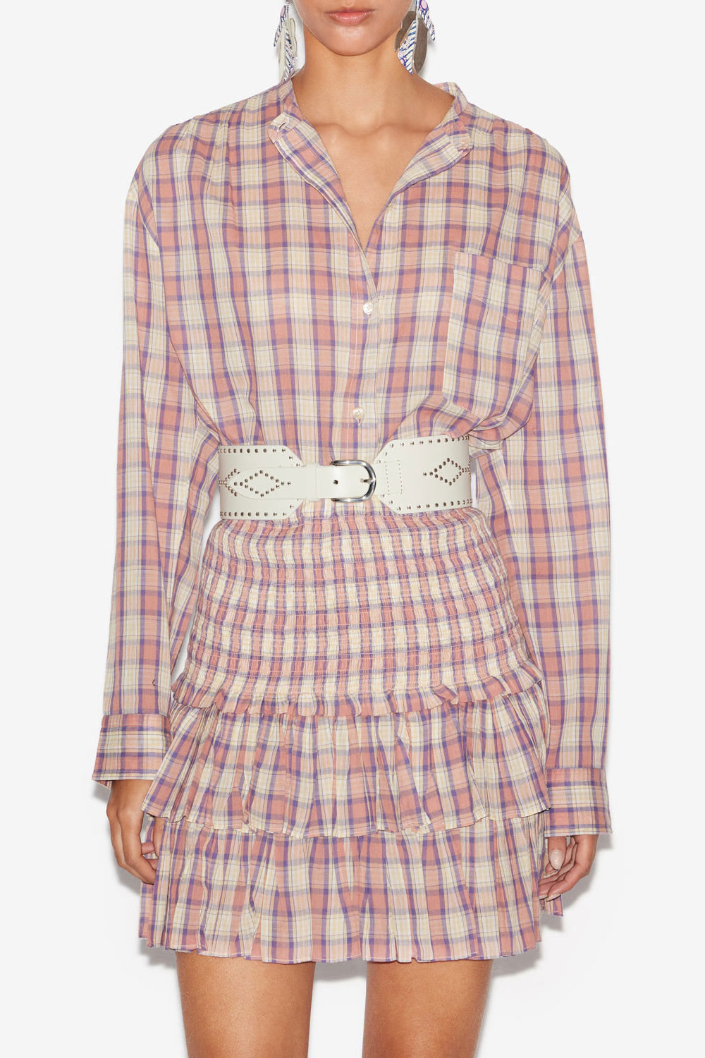 Chemisier mexika in voile di cotone a quadri - Antik pink-yellow - Woman - 4