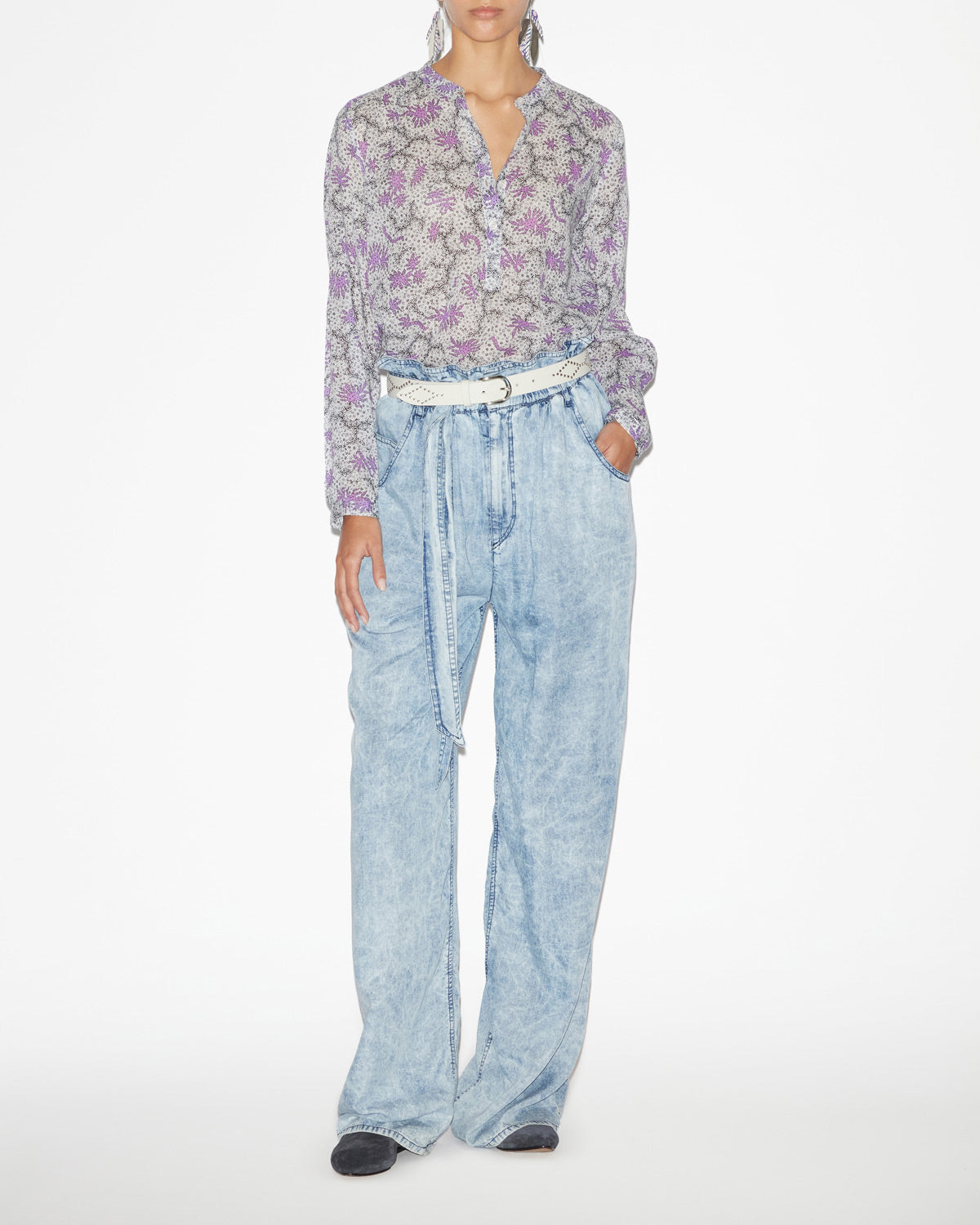 Maria blouse in printed cotton voile - Ecru-lilac - Woman - 1