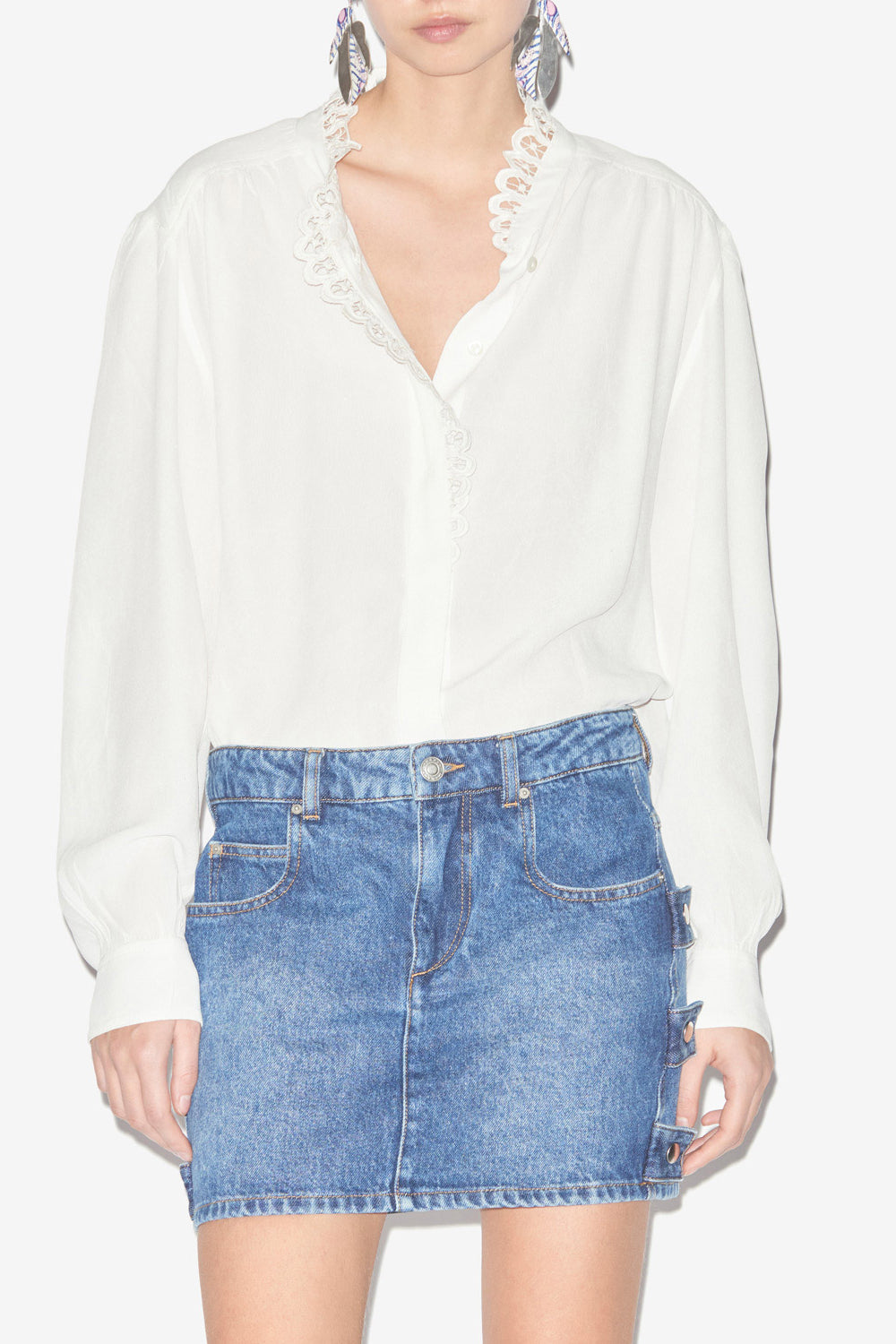 Estela　イギリス刺しゅう入り 無地クレープ ブラウス - 白 - Woman - 4