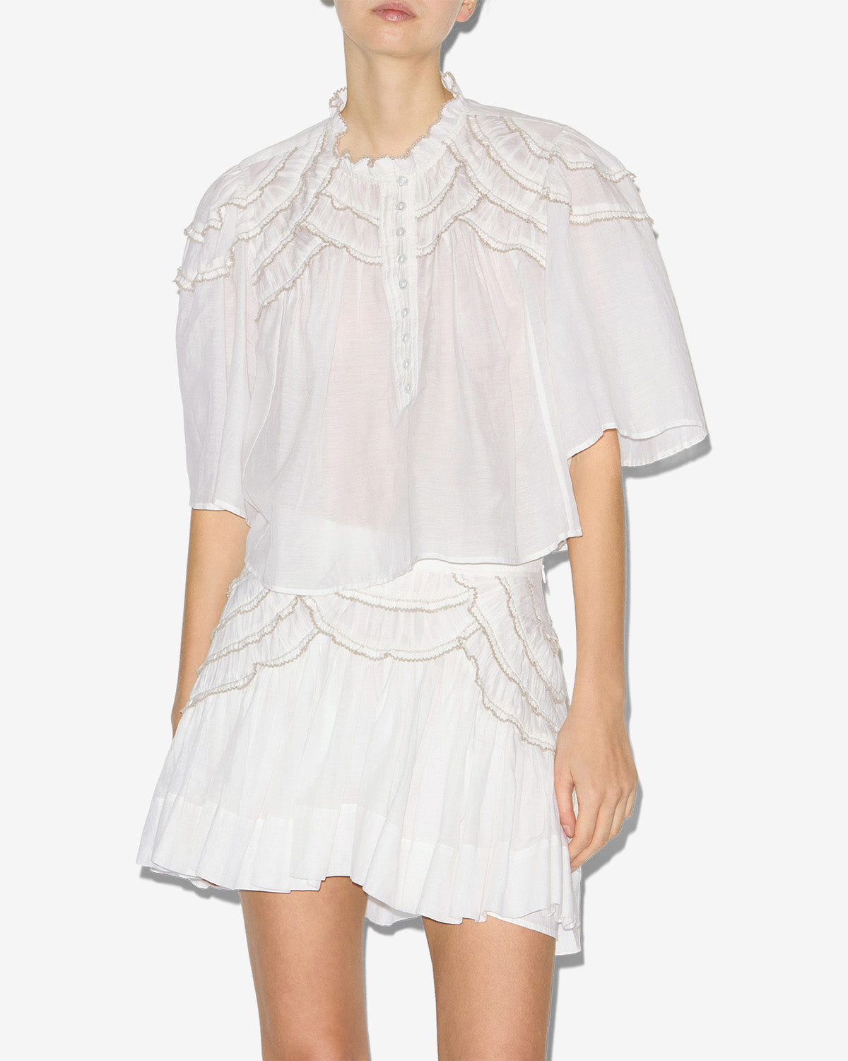 Top carmen in voile di cotone arricciato - Bianco - Woman - 2