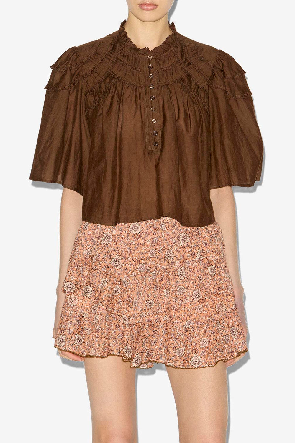 Top carmen in voile di cotone arricciato - Dark khaki - Woman - 3