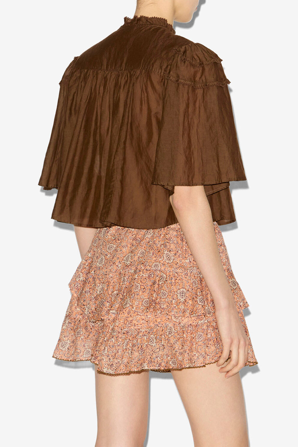 Top carmen in voile di cotone arricciato - Dark khaki - Woman - 4