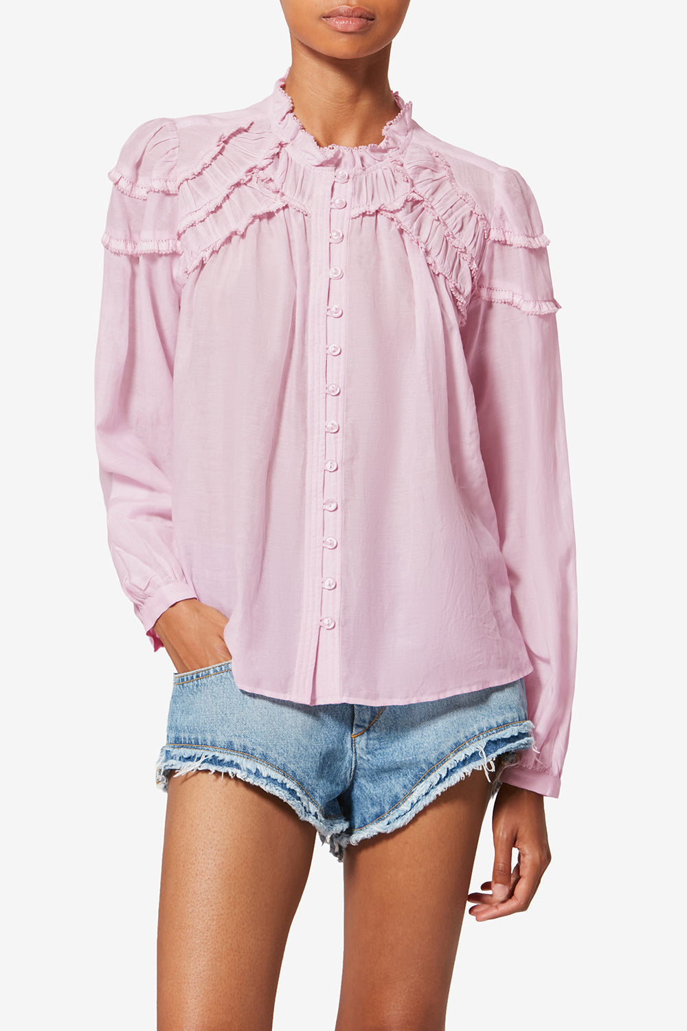 Blusa in voile di cotone con volant christa - Light pink - Woman - 4