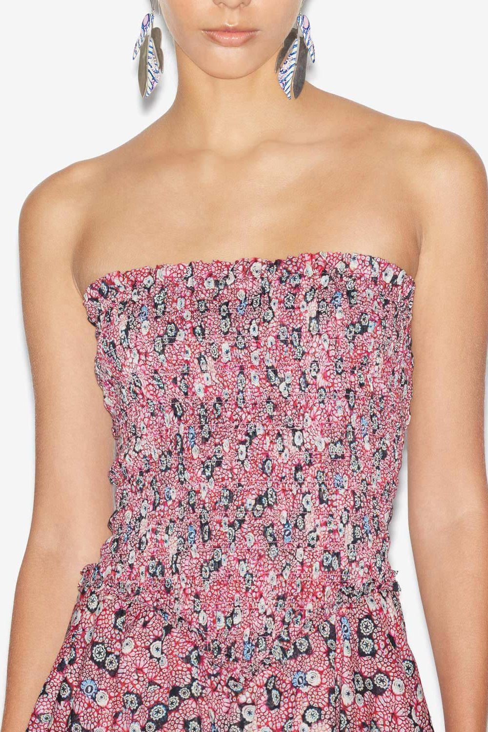 Vestido anka fruncido de gasa de algodón estampada - Raspberry-black - Woman - 3
