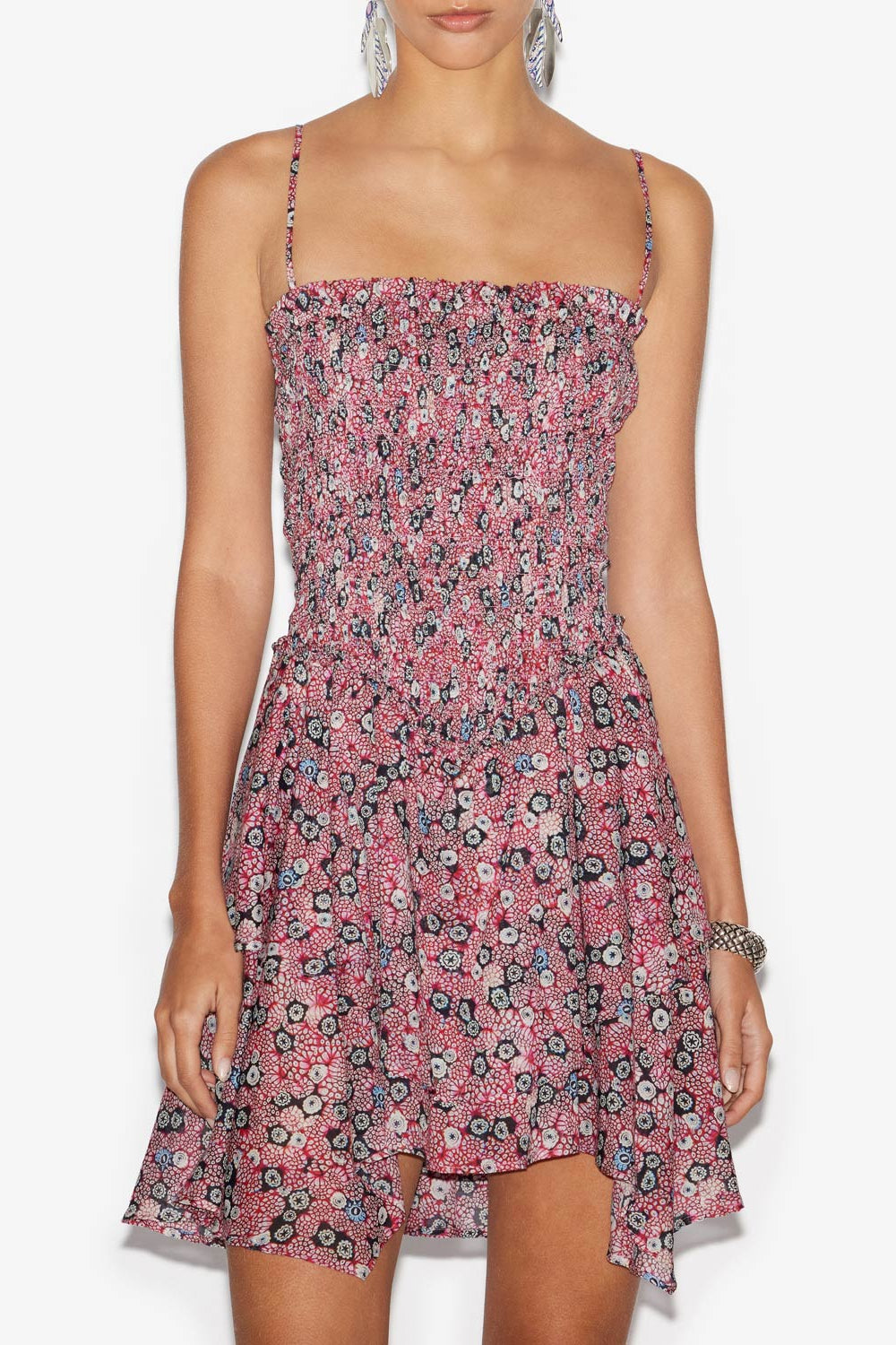 Vestido anka fruncido de gasa de algodón estampada - Raspberry-black - Woman - 4