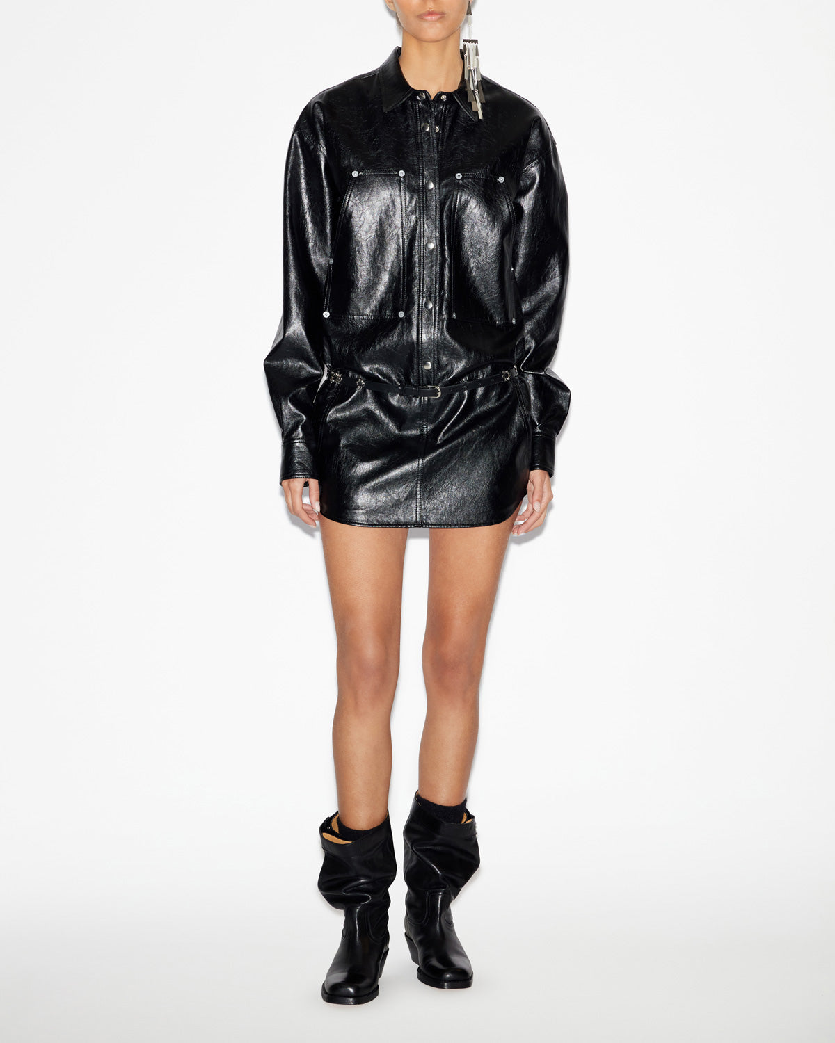 Abito ayali corto a camicia effetto pelle - Nero - Woman - 1