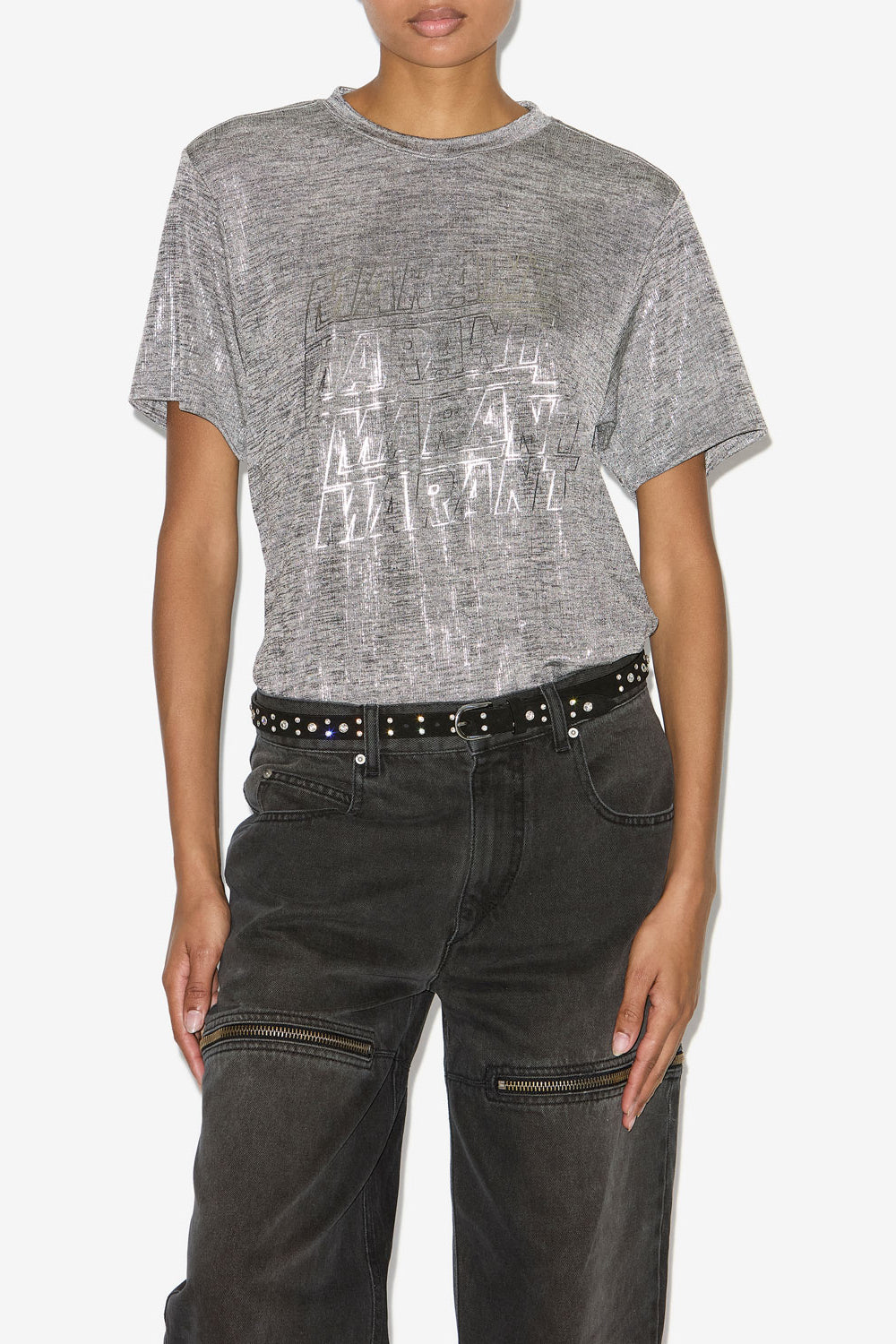 Zoeline metallic jersey t-shirt with logos - Gray-silver - Woman - 4