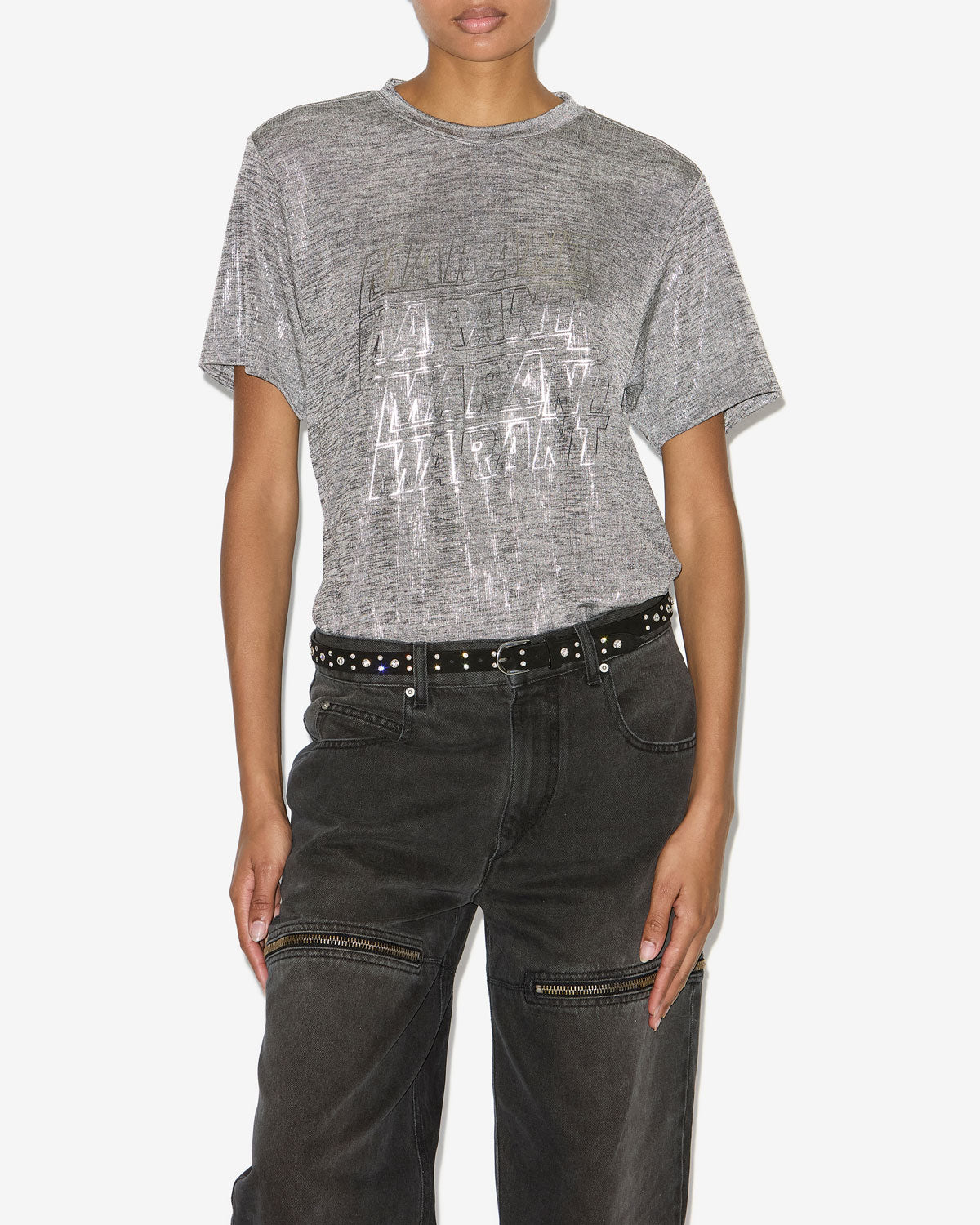 Zoeline metallic jersey t-shirt with logos - Gray-silver - Woman - 3