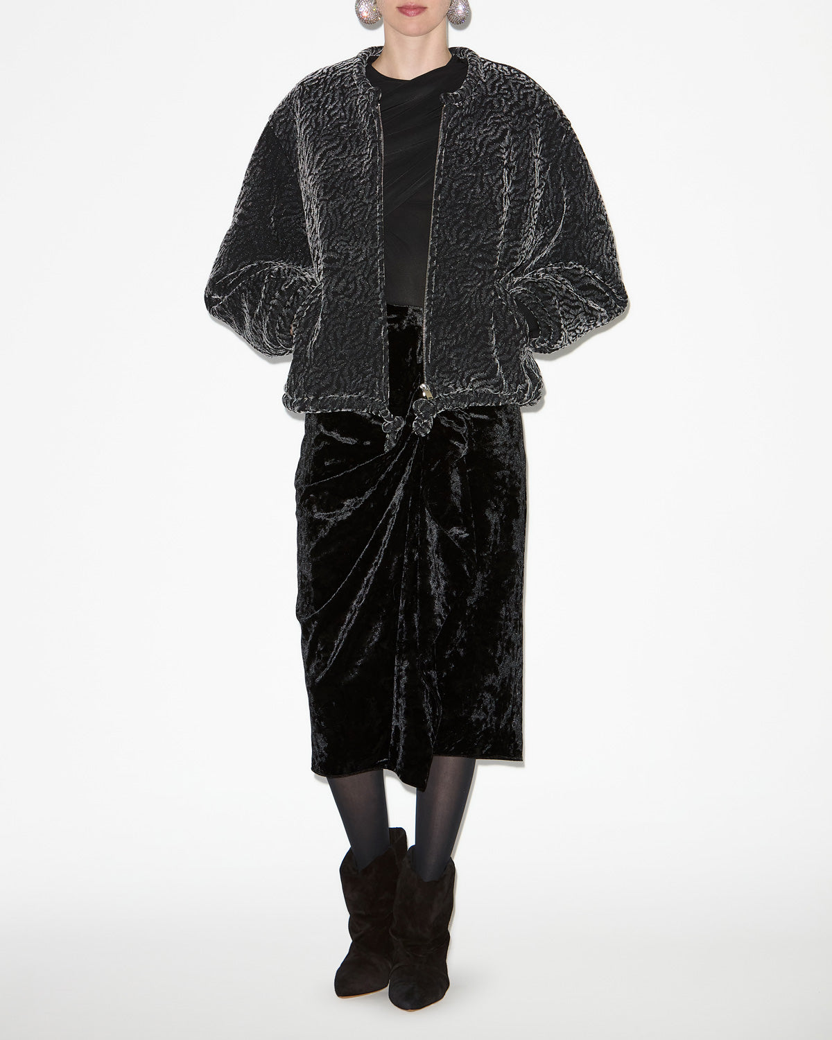 아벨리나(abelina) 번아웃 벨벳 보머 재킷 - Metallic black - Woman - 1