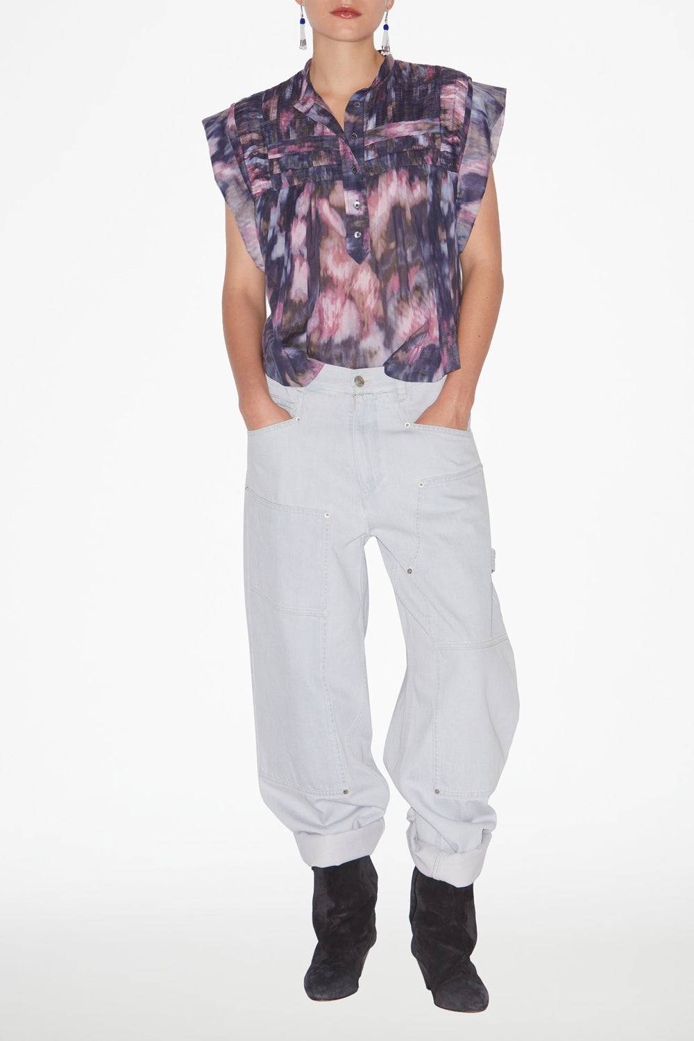 Top leaza in voile di cotone plissettato con stampa - Purple-lilac - Woman - 2