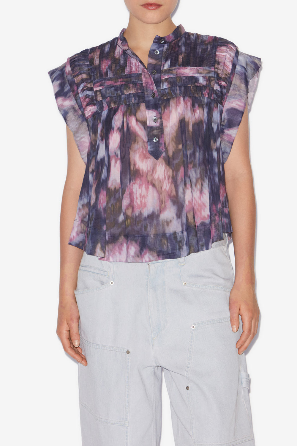 Top leaza in voile di cotone plissettato con stampa - Purple-lilac - Woman - 4