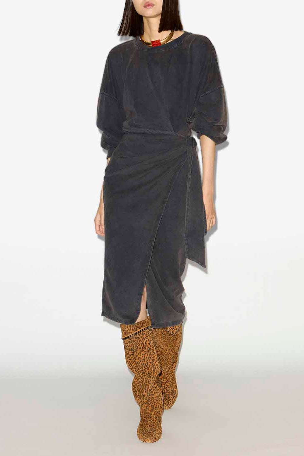 Vestido tipo sudadera largo sandrina de punto drapeado - Negro lavado - Woman - 2
