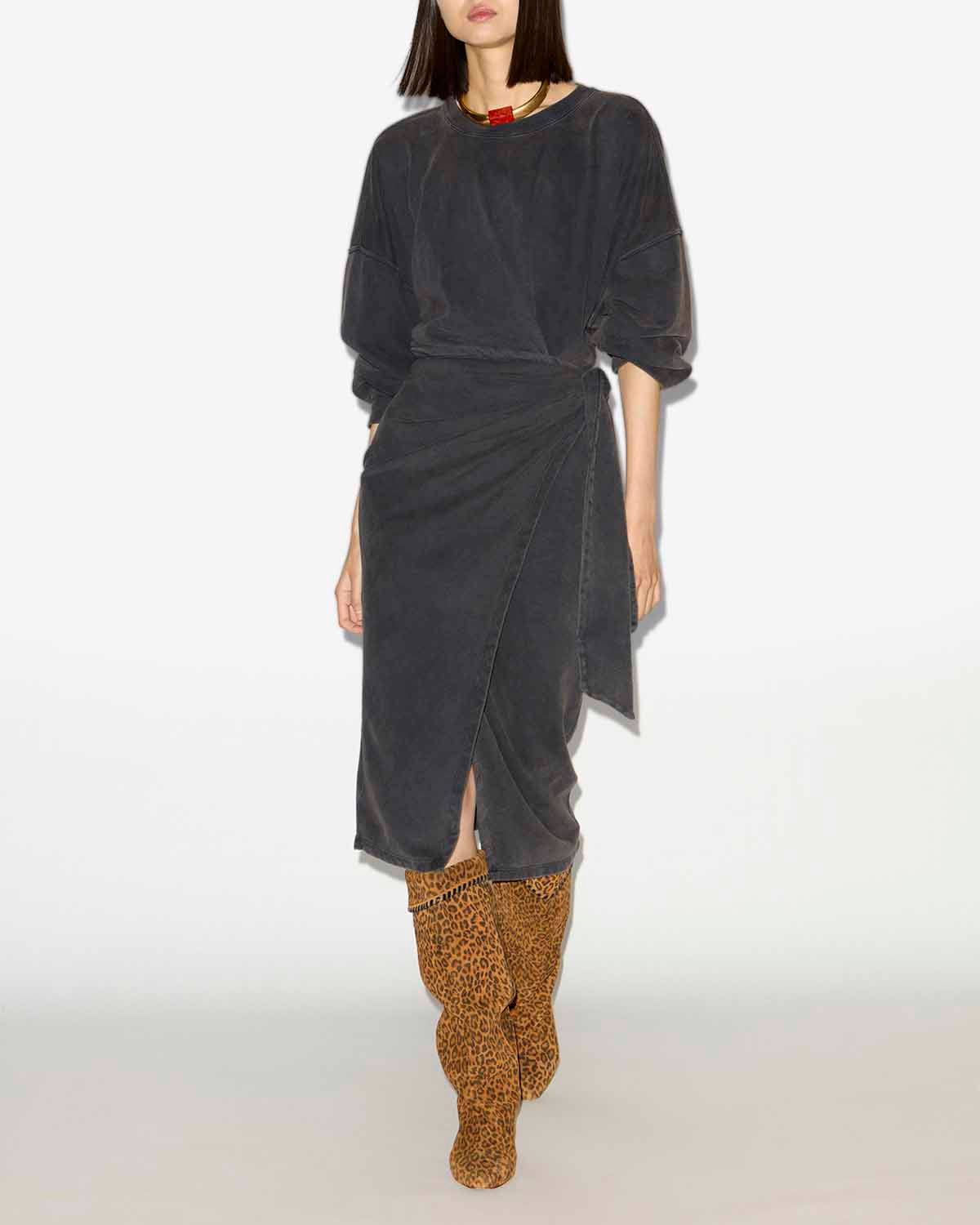 Vestido tipo sudadera largo sandrina de punto drapeado - Negro lavado - Woman - 1