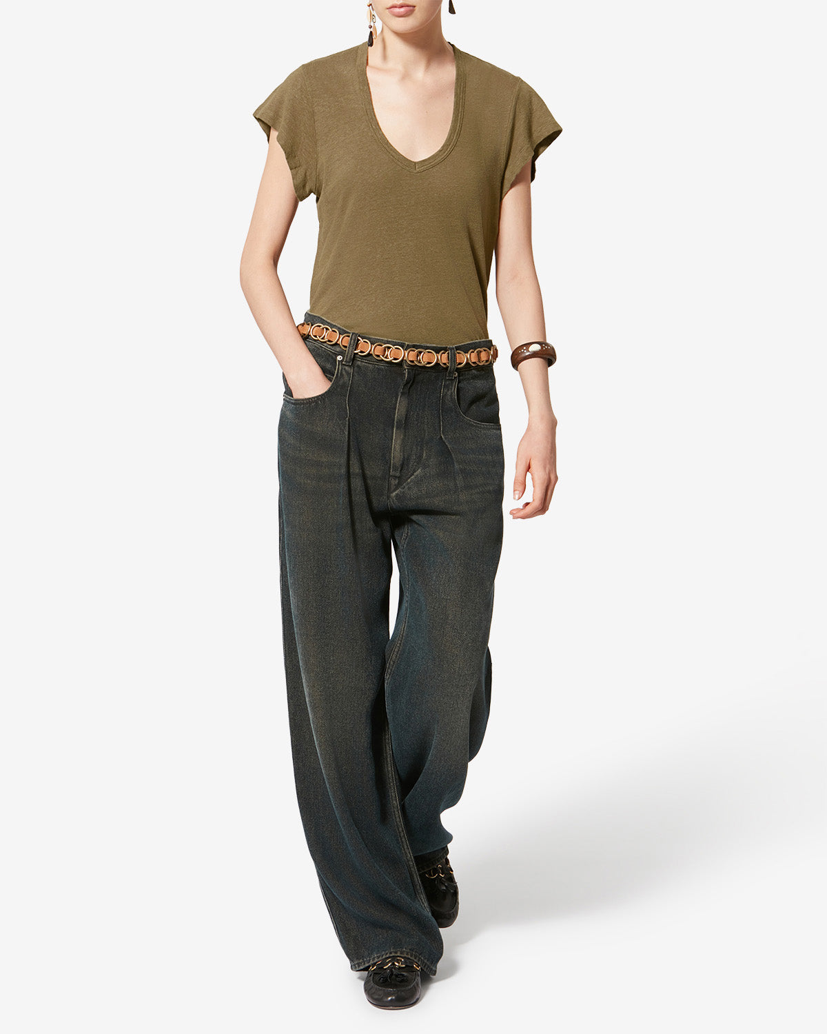 Kurzarm-t-shirt zankou aus leinen - Dark khaki - Woman - 1