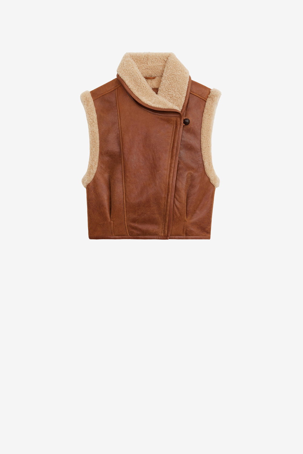 Chaleco sin mangas de piel de lana vuelta alime - Cognac - Woman - 1