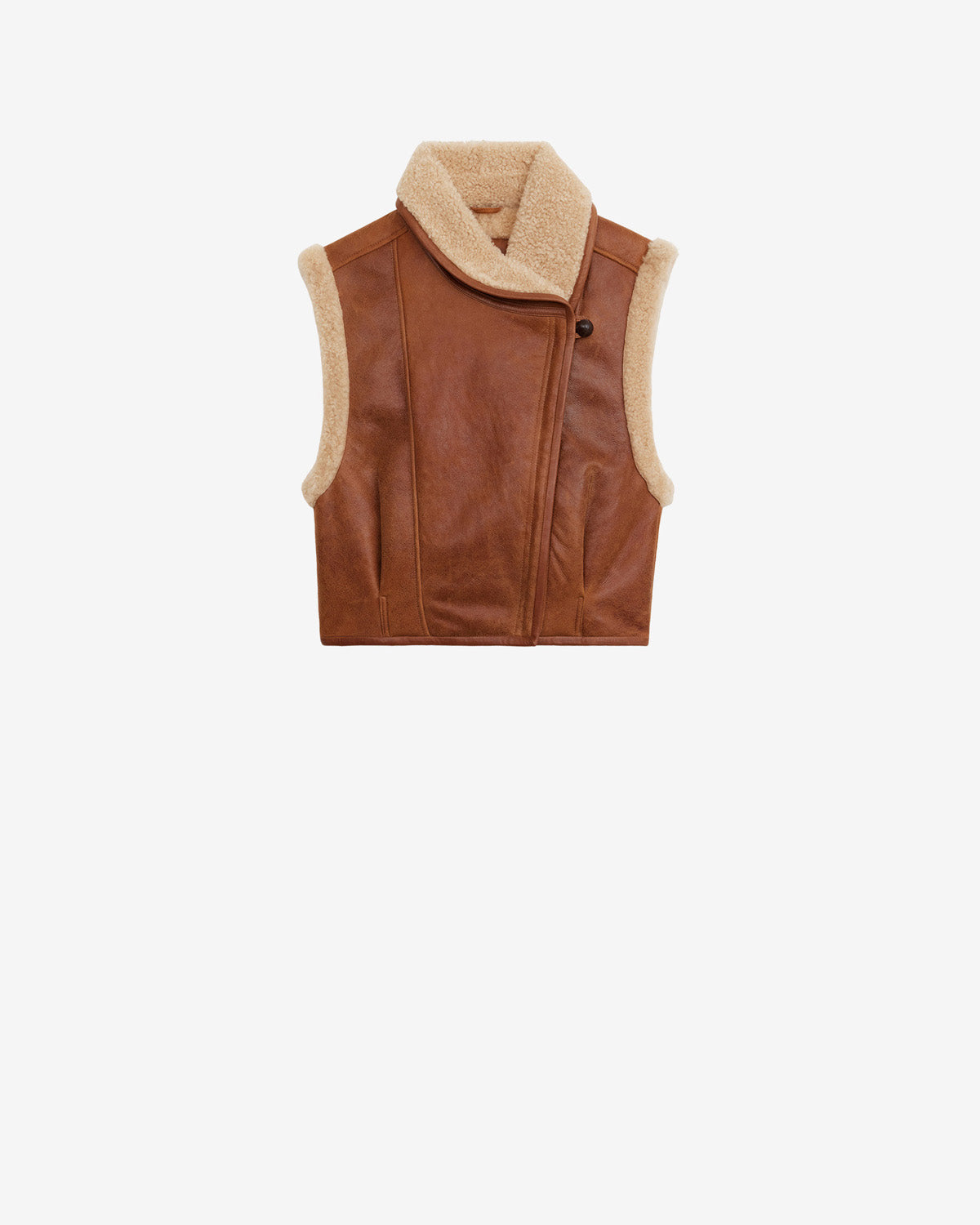 Chaleco sin mangas de piel de lana vuelta alime - Cognac - Woman - 5