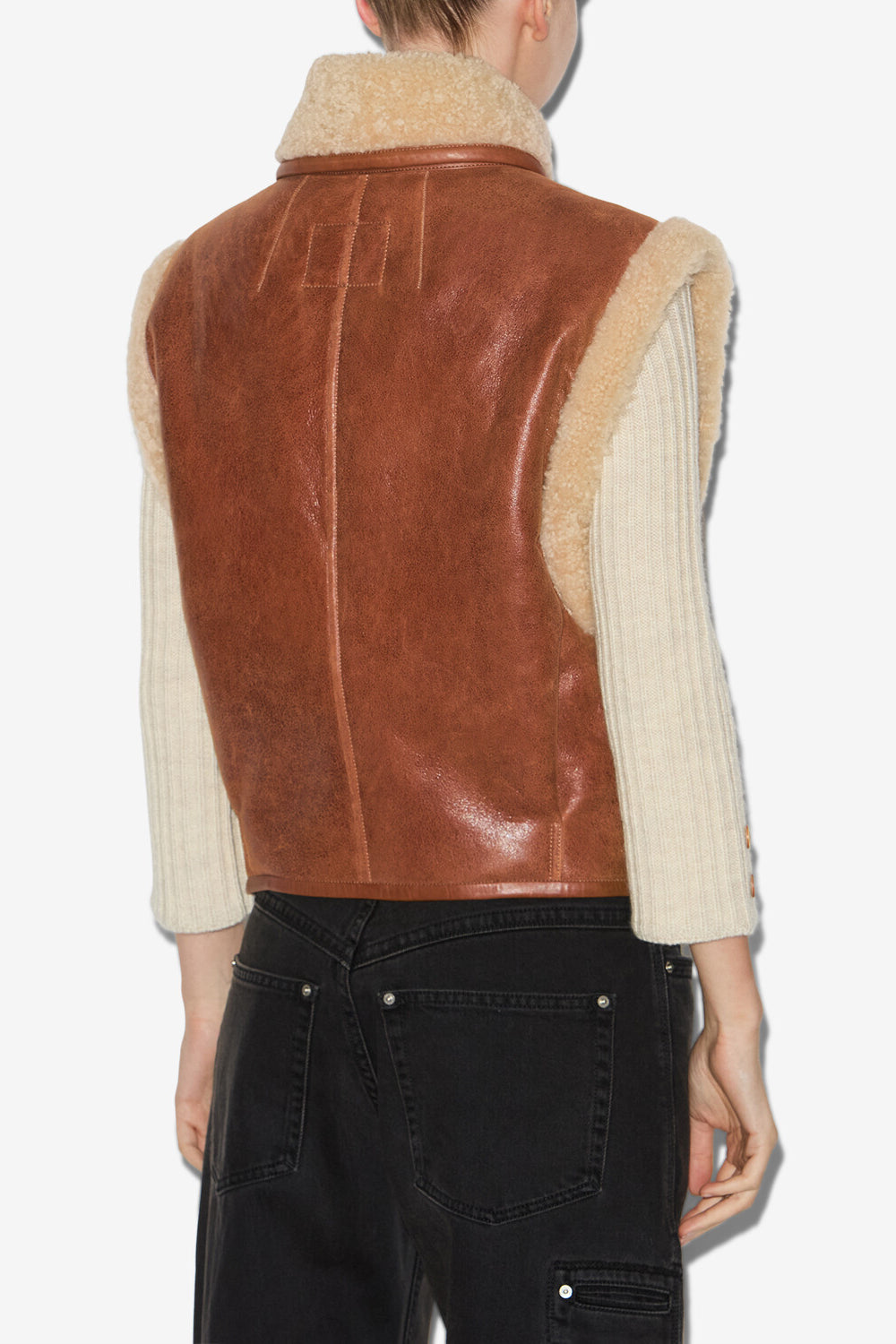 Chaleco sin mangas de piel de lana vuelta alime - Cognac - Woman - 5