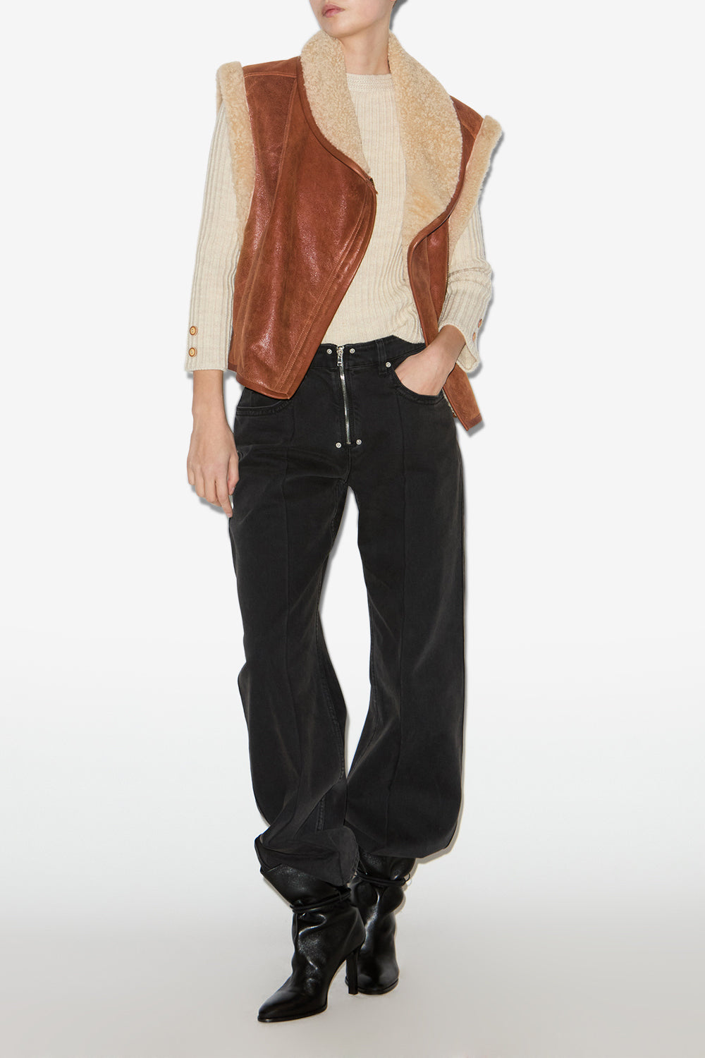 Chaleco sin mangas de piel de lana vuelta alime - Cognac - Woman - 2