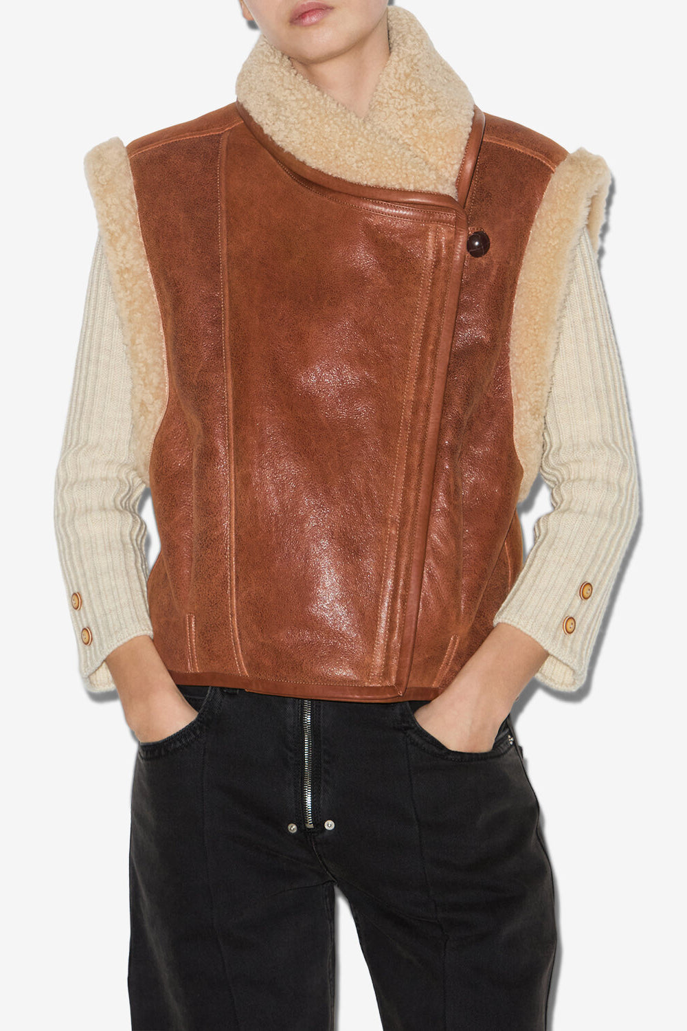 Chaleco sin mangas de piel de lana vuelta alime - Cognac - Woman - 4