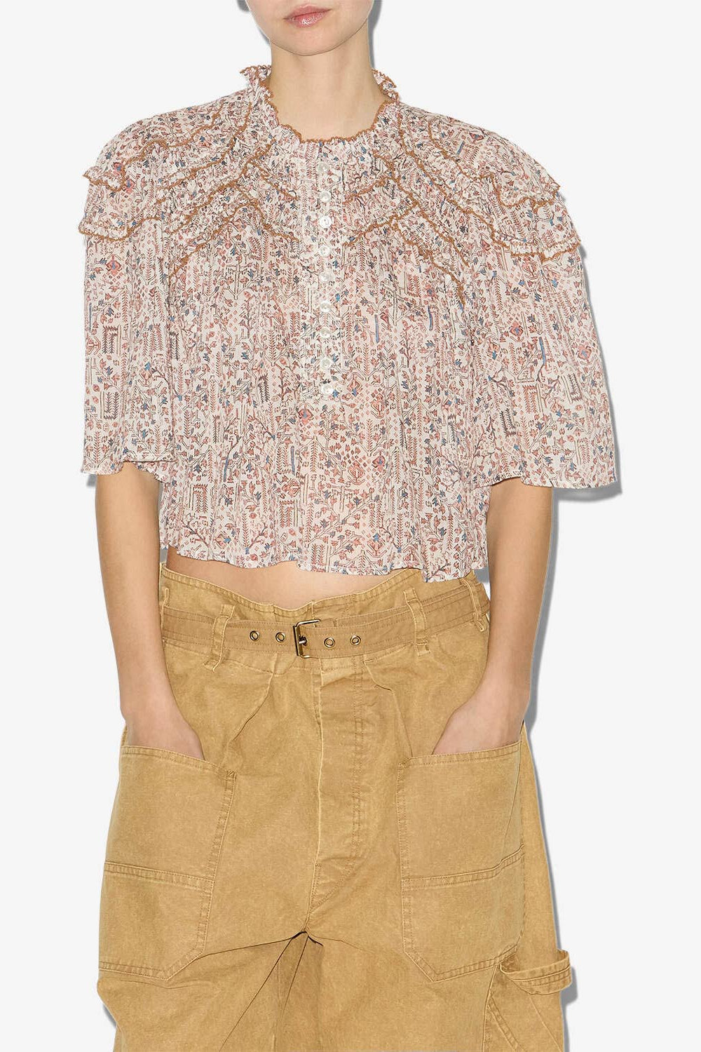 Top carmen aus gerafftem und bedrucktem baumwollvoile - Naturfarben - Woman - 3