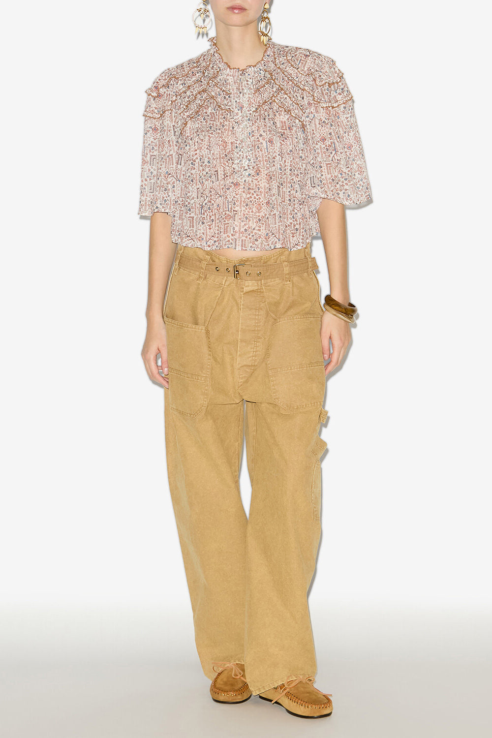 Top carmen aus gerafftem und bedrucktem baumwollvoile - Naturfarben - Woman - 2