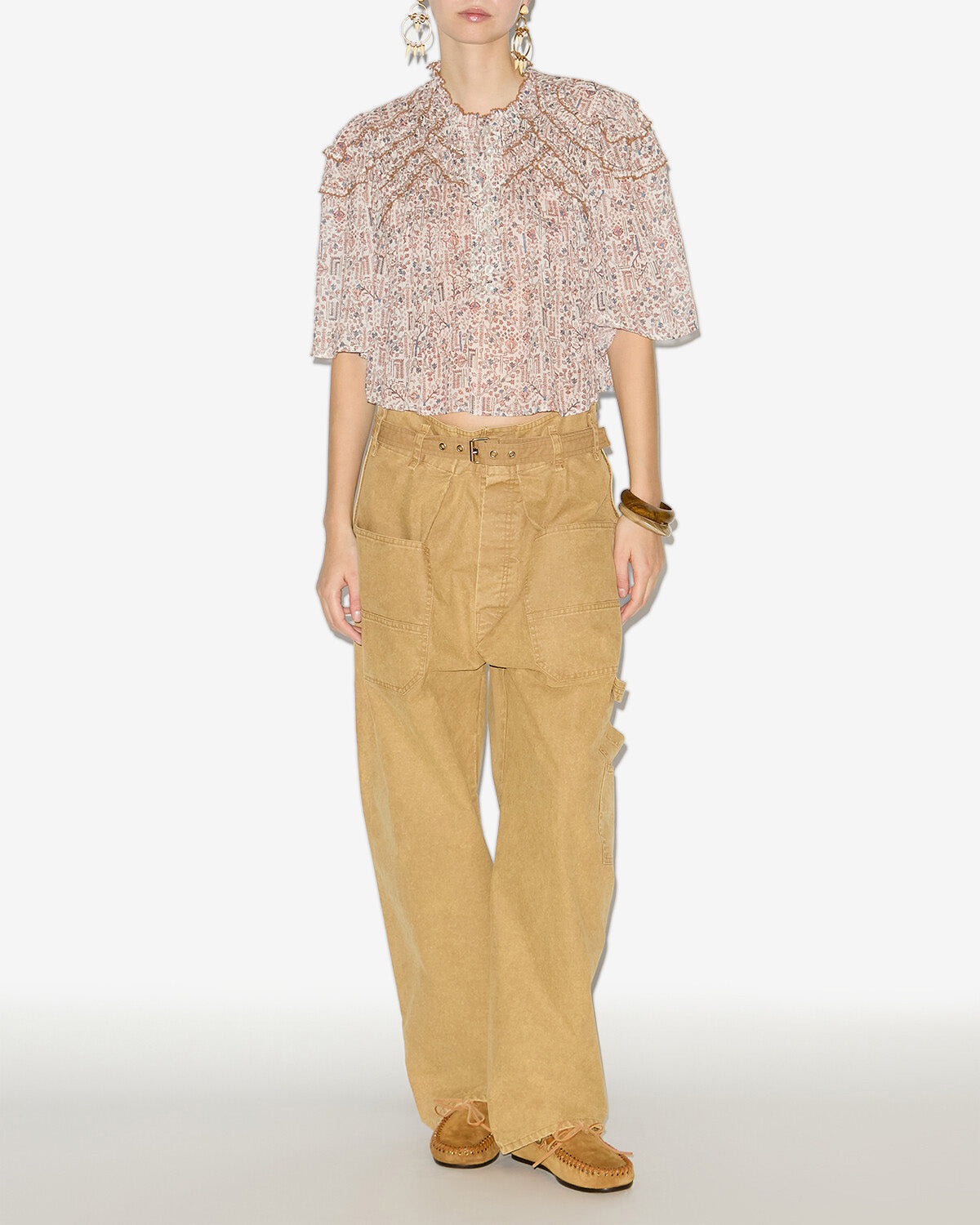 Top carmen aus gerafftem und bedrucktem baumwollvoile - Naturfarben - Woman - 1