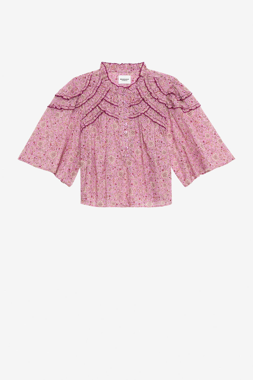 Top carmen in voile di cotone arricciato e stampato - Rosa - Woman - 1
