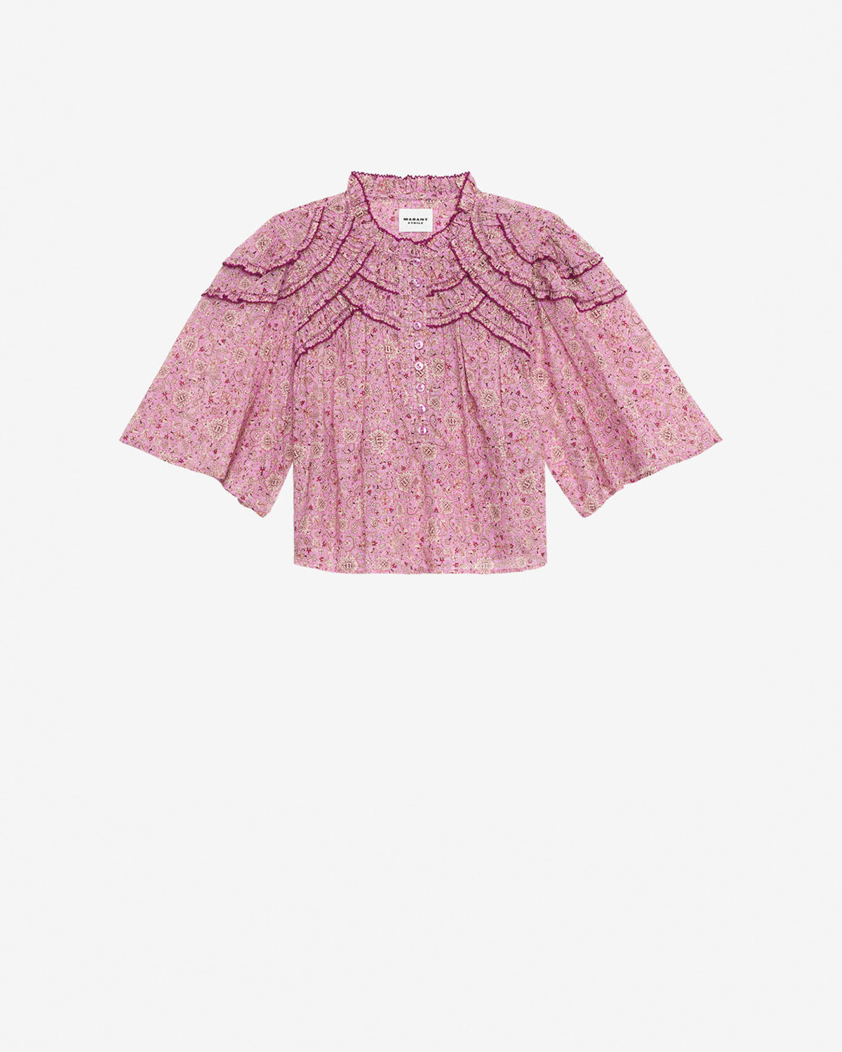 Top carmen de gasa de algodón estampado y fruncido - Rosa - Woman - 1