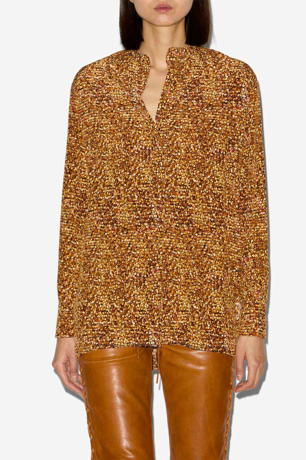 Blusa sima in seta stampata - Ochre - Woman - 3